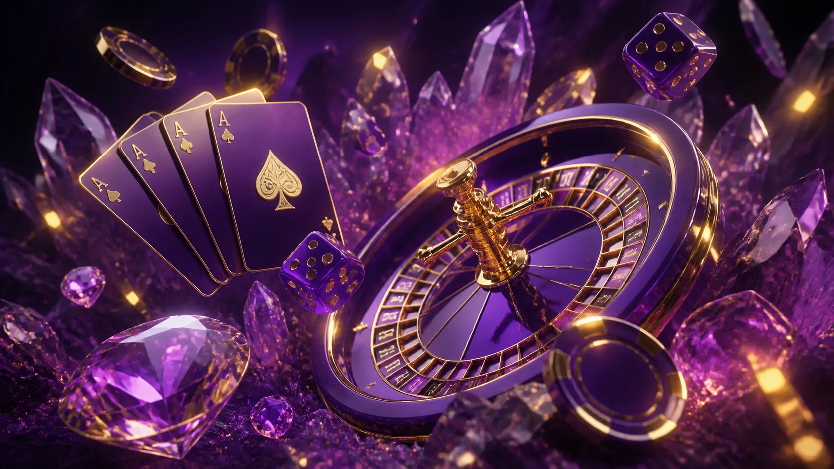 Luxury casino hero banner with neon glowing poker chips and cards in a vibrant futuristic setting.
