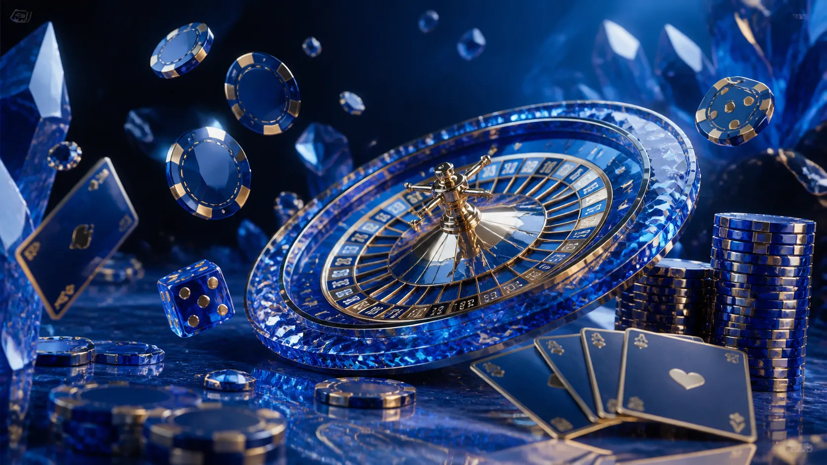 Luxurious casino-themed image with floating poker chips, sparkling diamonds, and a sophisticated color palette.